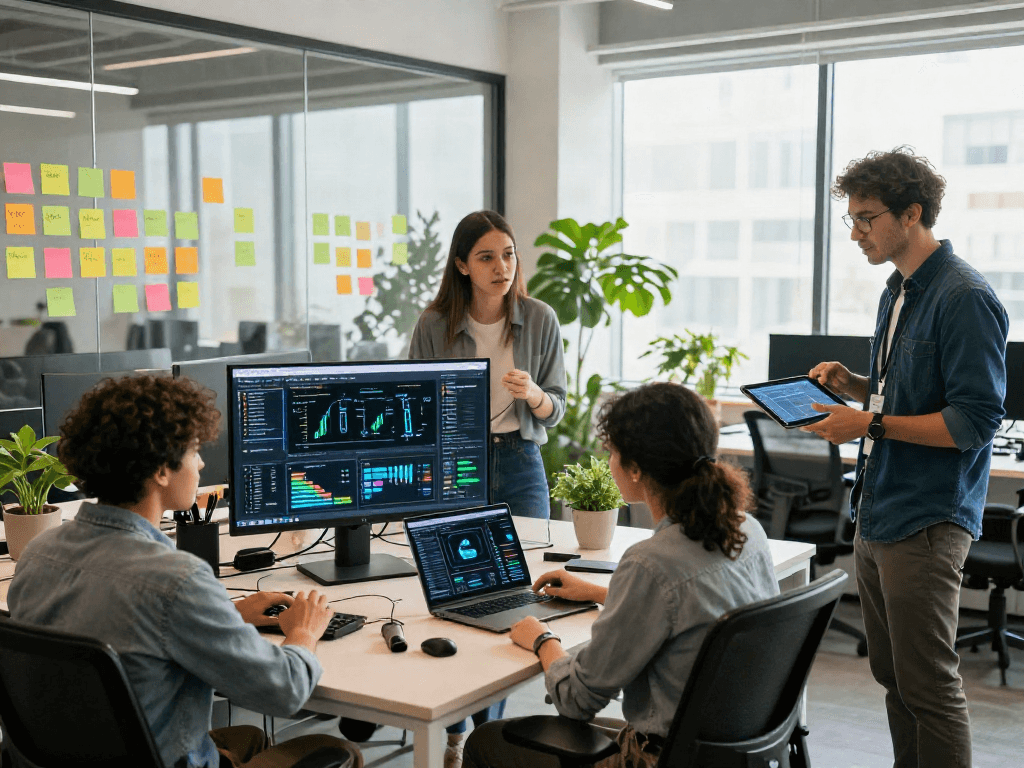 Collaborative team developing innovative nsfw AI solutions in a modern office space with vibrant technology and dynamic workspace.