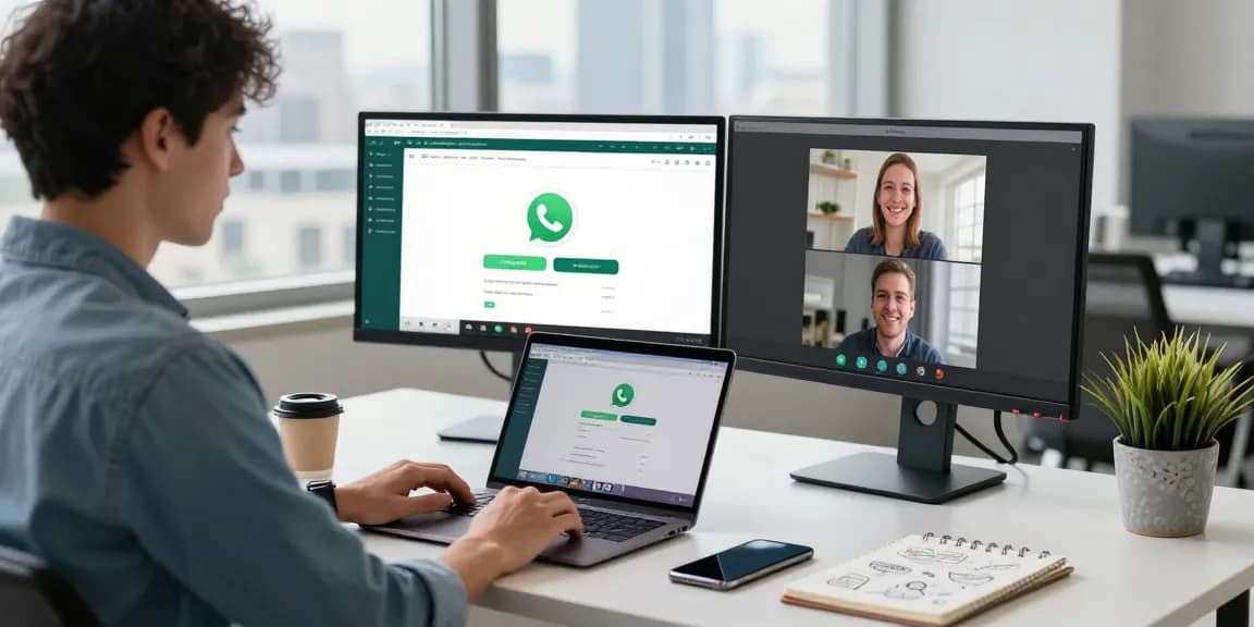 Modern workspace showing WhatsApp網頁版 on screens, enhancing productivity in a tech environment.