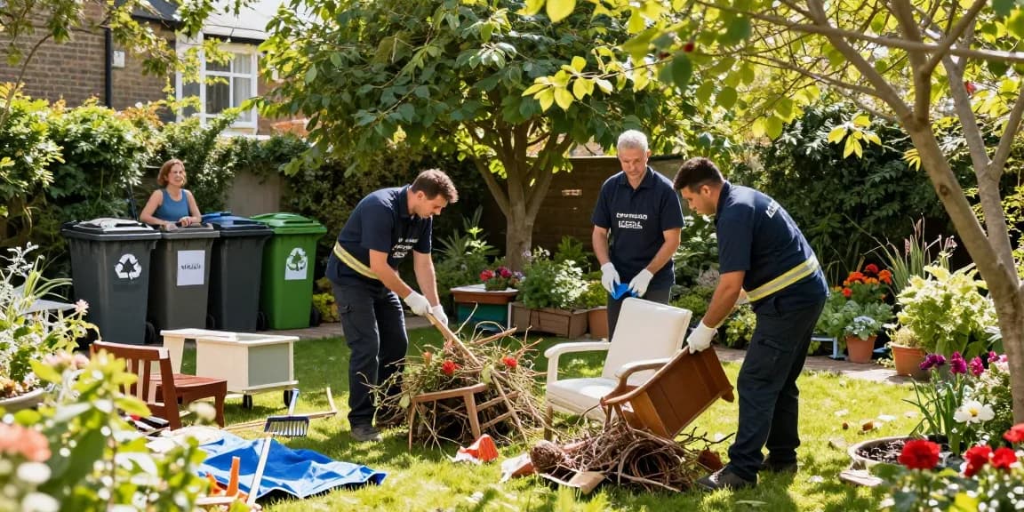 Efficient london house clearance service team clearing garden debris with eco-friendly practices in North London.