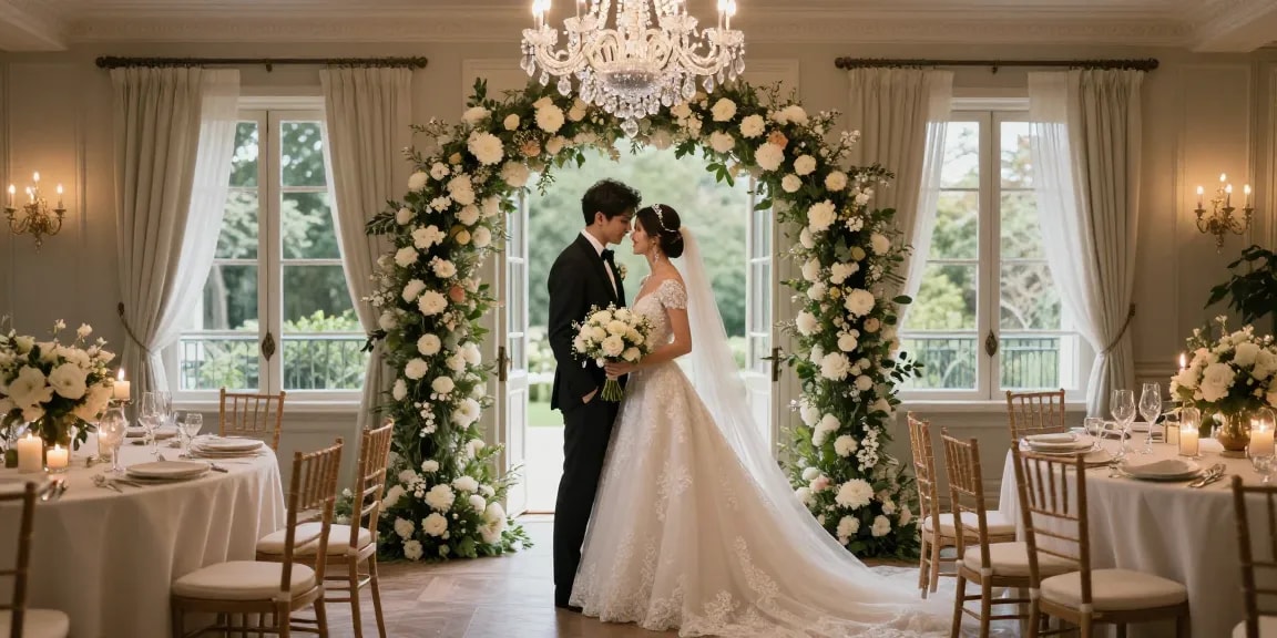 Bridal diamond jewellery shines as bride stands under floral arch during wedding ceremony.
