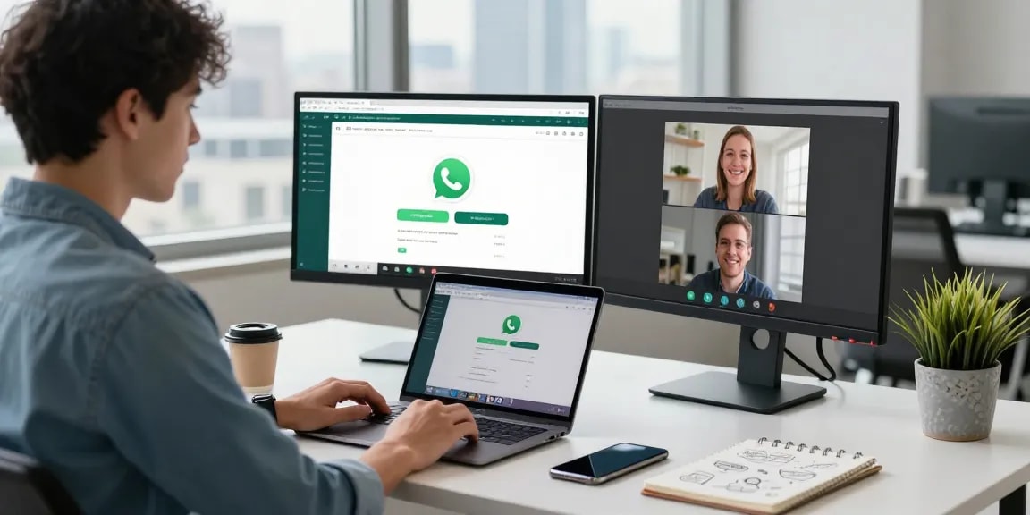 Modern workspace showing WhatsApp網頁版 on screens, enhancing productivity in a tech environment.