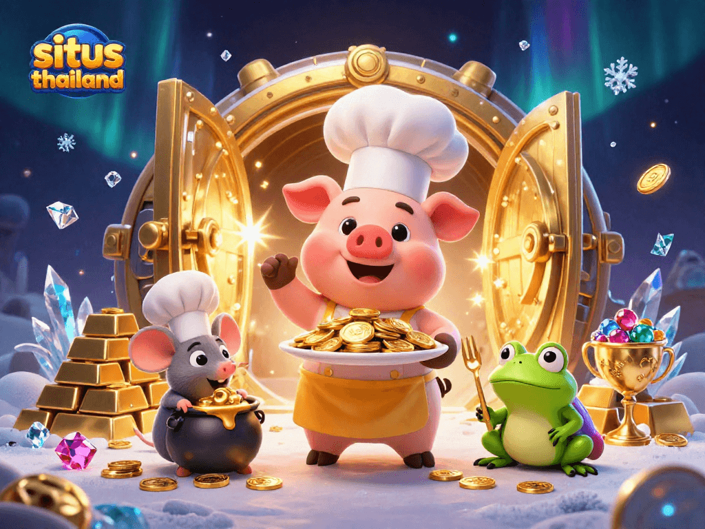 Situs Thailand features an exciting 3D casino illustration with a chef pig presenting gold coins in a dynamic gaming atmosphere.