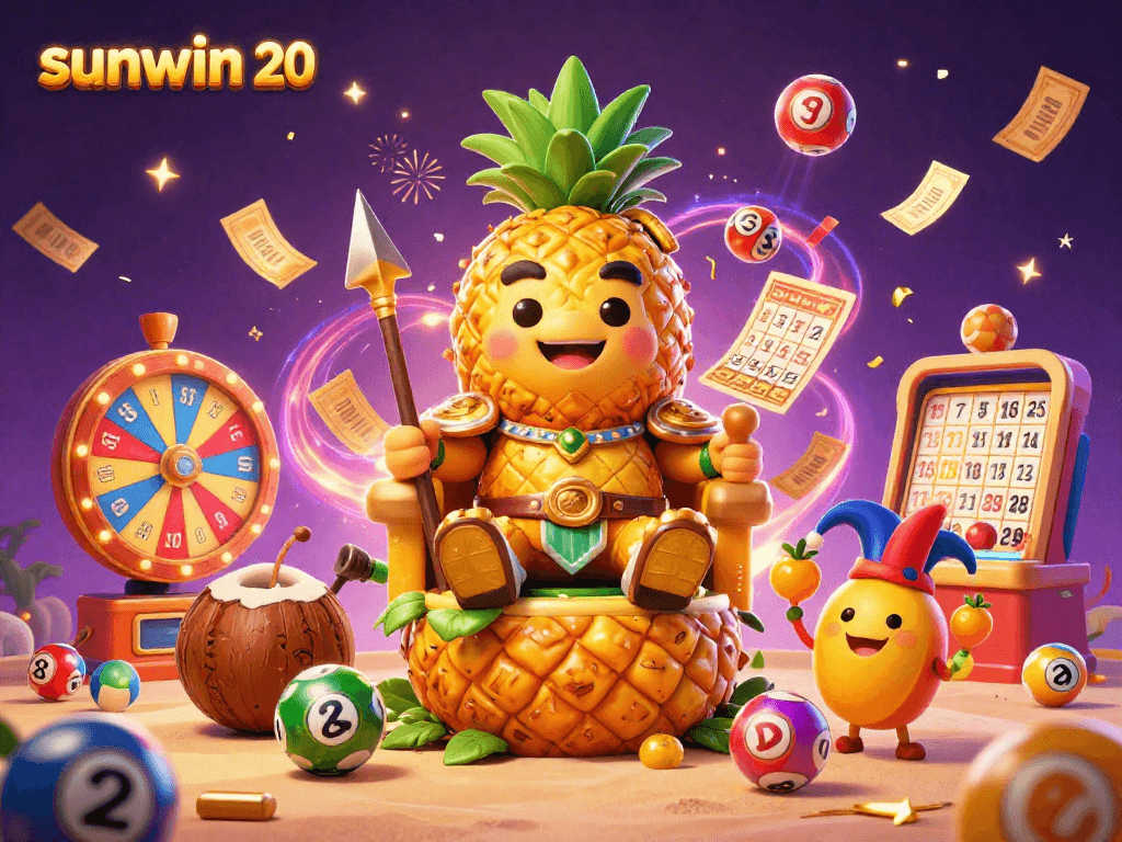 Experience the fun of sunwin 20 as the golden pineapple king and friends celebrate with lottery balls and confetti.