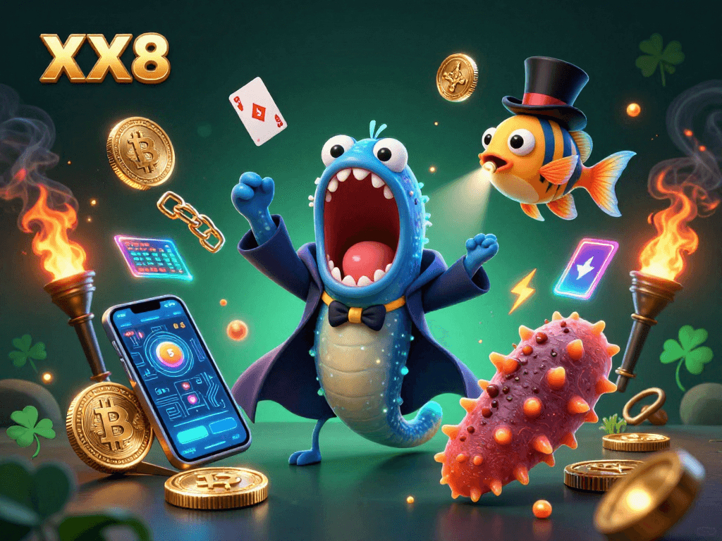 Engage with the XX8 gaming magic and crypto treasures in this vibrant sea-themed illustration.