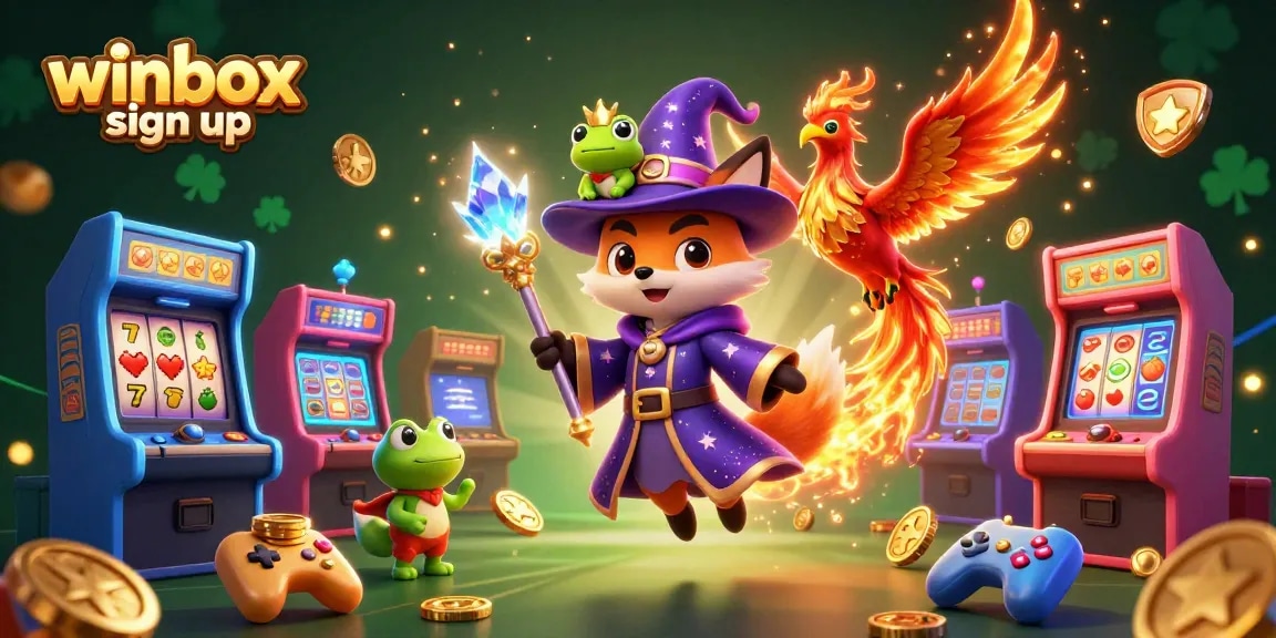 Engage with winbox sign up in a magical casino scene featuring a wizard fox and phoenix.