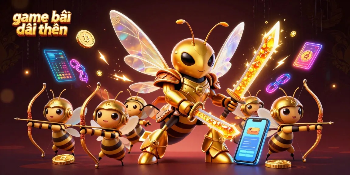 Experience game bài đổi thưởng with golden hornets, katanas, and cryptocurrencies in an energetic casino scene.