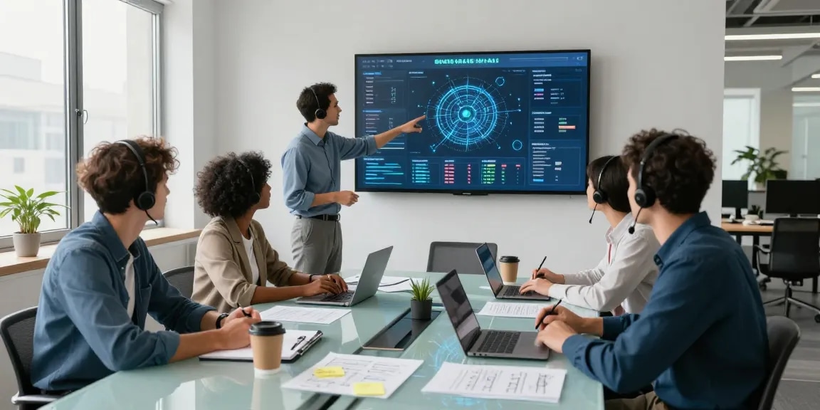 Team collaborating in a modern office showcasing IT support for small businesses with digital analytics and a dynamic atmosphere.