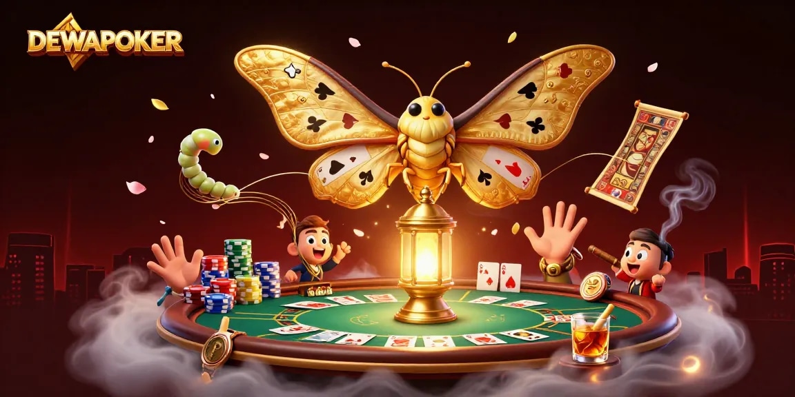 Engage with DEWAPOKER's vibrant casino scene featuring an illustrated moth and poker elements.