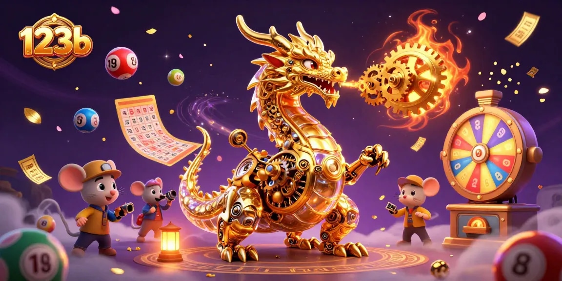 Engage with 123b's exciting gaming world, visualizing vibrant lottery elements and a golden dragon.