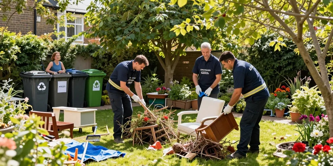 Efficient london house clearance service team clearing garden debris with eco-friendly practices in North London.