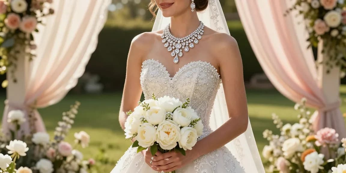 Bridal diamond jewellery shimmering on a bride in an elegant garden setting.