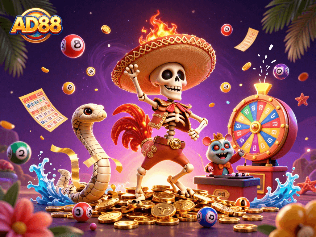 Engage in AD88's thrilling victory with a festive 3D illustration of unique casino characters celebrating among golden coins.