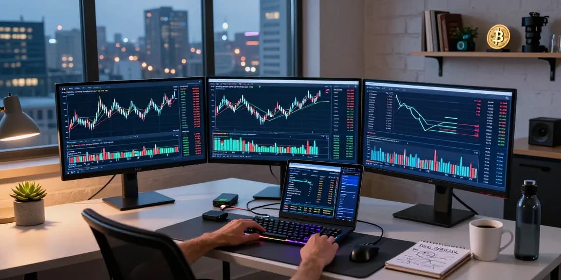 تحقيق بتكوين: مكتب حديث للتداول في العملات الرقمية مع شاشات تعرض بيانات السوق وأدوات تحليل العملات
