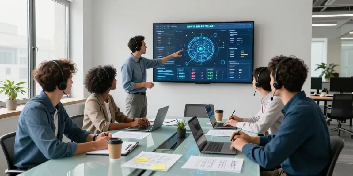 Team collaborating in a modern office showcasing IT support for small businesses with digital analytics and a dynamic atmosphere.