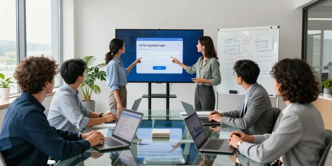 o2 for business login displayed on screen as a diverse business team collaborates in a modern office.