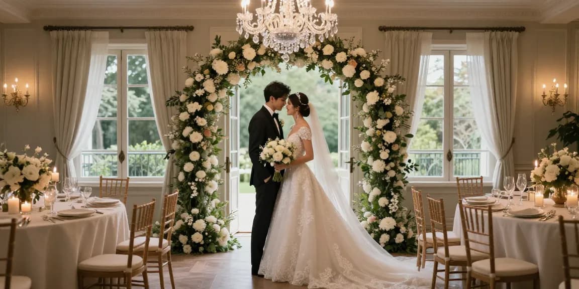 Bridal diamond jewellery shines as bride stands under floral arch during wedding ceremony.