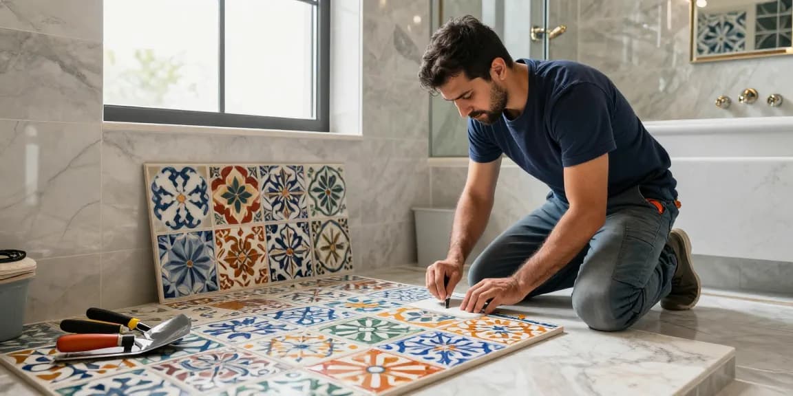 مقاول سيراميك باكستاني يقوم بتركيب بلاط في حمام فاخر مع أدوات التركيب.
