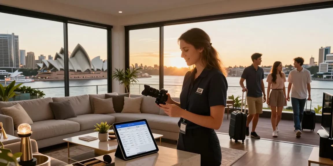 Airbnb co-host services in Sydney, showcasing a stylish property manager preparing a chic living room for guests.