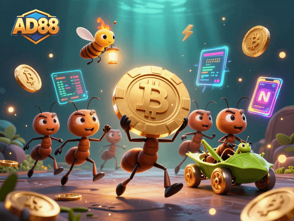 AD88 showcases a thrilling heist scene with cartoon ants, crypto coins, and gaming elements.