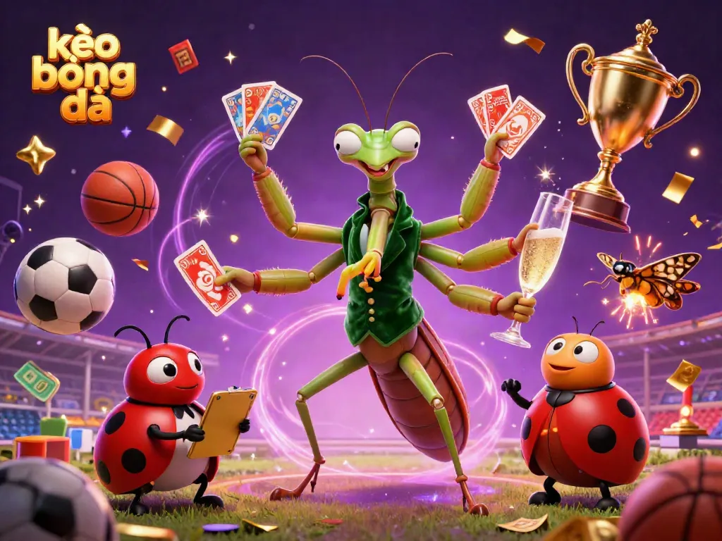 Engage in exhilarating kèo bóng đá with a giant mantis dealing cards amidst lively sports balls and betting slips.