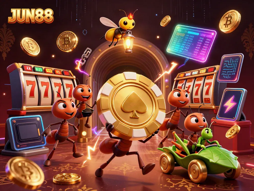 Ants stealing a giant poker chip in a JUN88-themed animated casino scene filled with vibrant gaming elements.