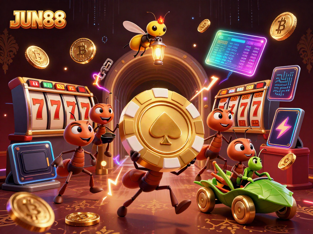 Ants stealing a giant poker chip in a JUN88-themed animated casino scene filled with vibrant gaming elements.