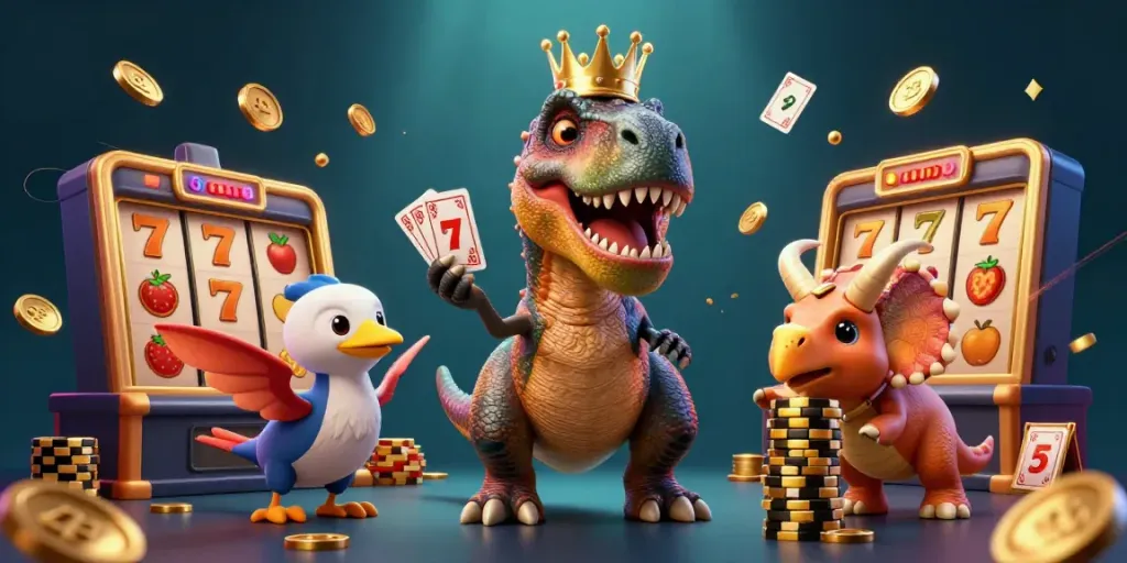 Engage in thrilling gameplay with 78win me as playful characters in a vibrant casino scene.