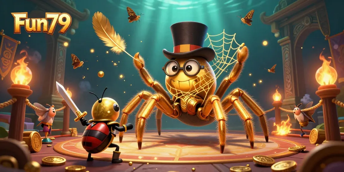 Experience Fun79 with a golden tarantula in a daring casino adventure surrounded by dynamic elements.