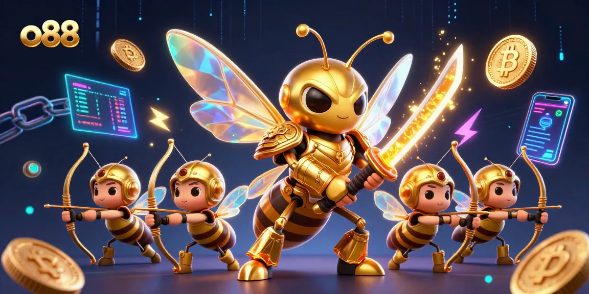 o88 stimulates excitement with a vibrant 3D casino scene featuring crypto elements and a golden hornet warrior.