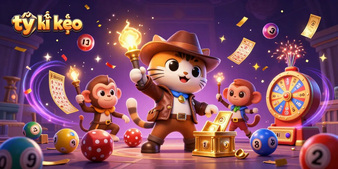 Bettors analyze tỷ lệ kèo while a cat archaeologist discovers casino treasures amidst colorful lottery balls.