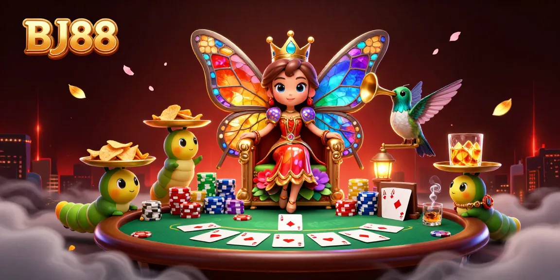 BJ88 casino illustration with a butterfly queen and poker elements showcasing vibrant gaming atmosphere.
