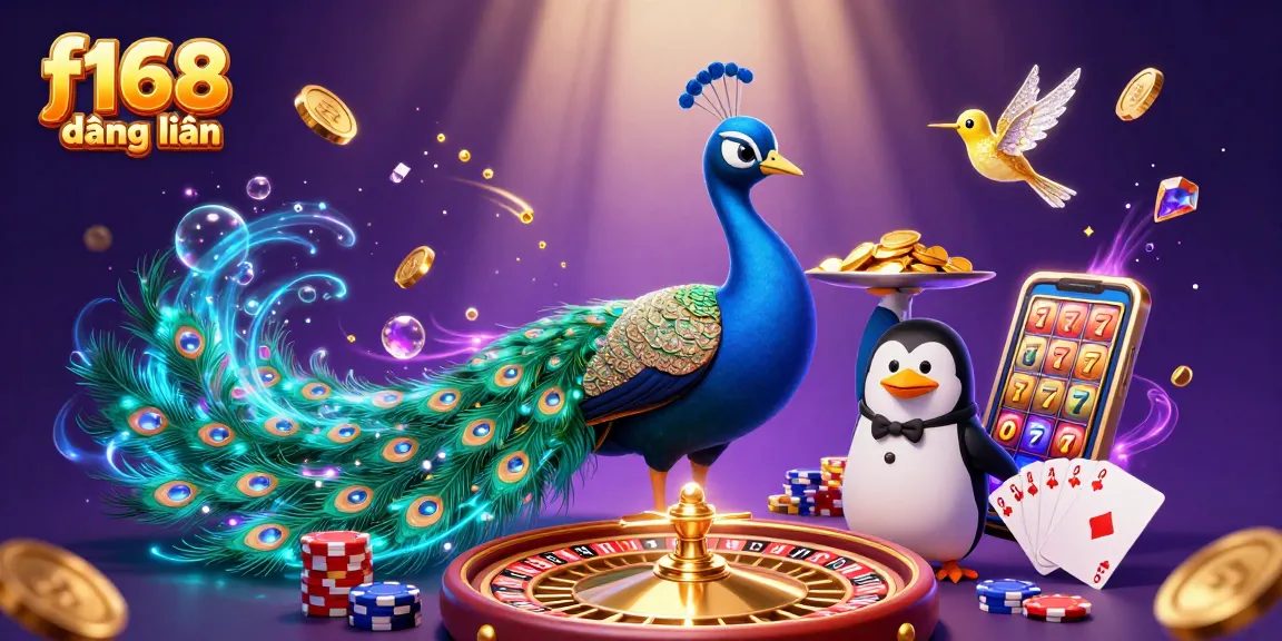 Win big with f168 đăng nhập as the peacock, penguin, and hummingbird celebrate in a vibrant casino!