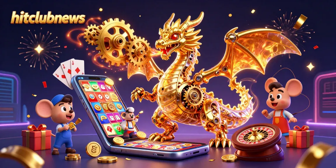 Hitclubnews showcases a golden dragon amid dynamic casino elements, emphasizing thrilling gameplay.