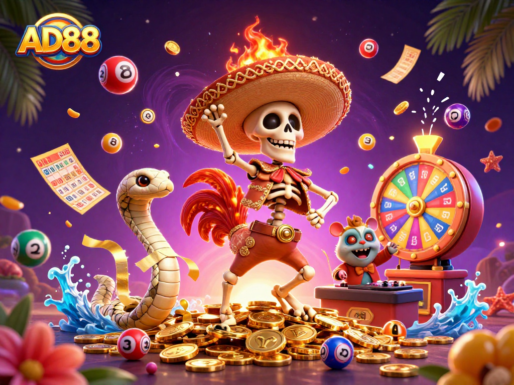Engage in AD88's thrilling victory with a festive 3D illustration of unique casino characters celebrating among golden coins.