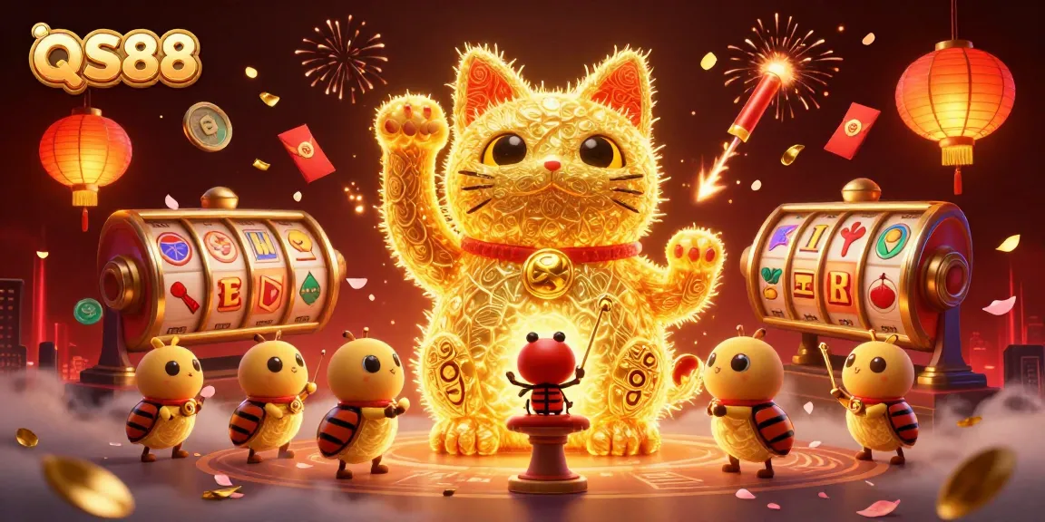 Experience the excitement of QS88 with golden lucky symbols and a dynamic lucky cat in this vibrant casino scene.