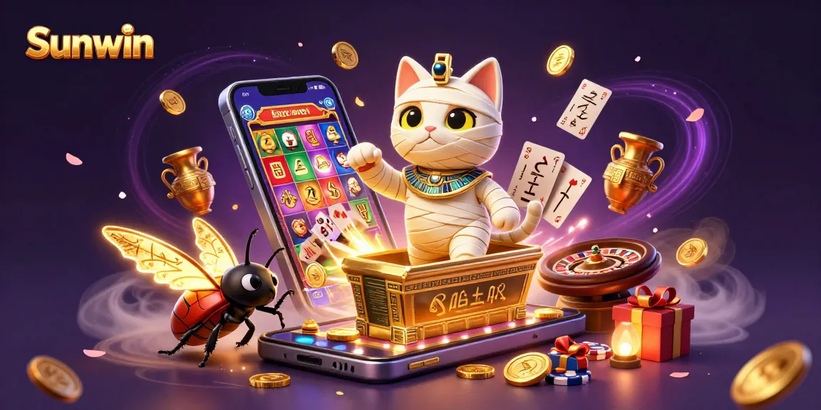 Sunwin's pyramid casino scene features a golden mummy cat and glowing scarab bursting into exciting gameplay.