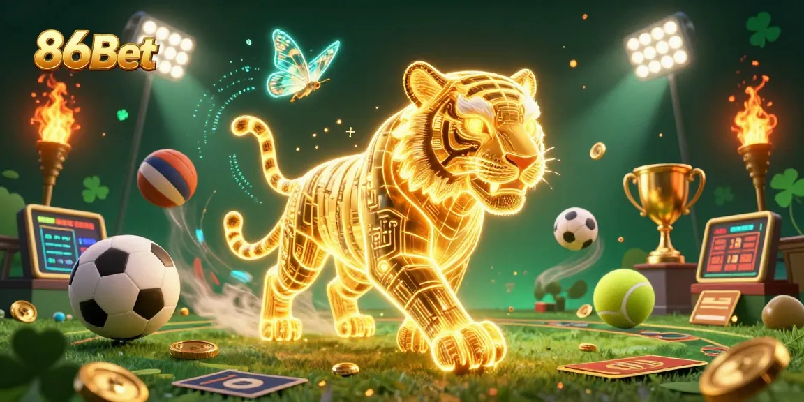 Experience thrilling action at 86Bet with a vibrant digital casino scene featuring dynamic sports elements.