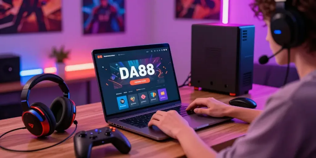 Engaged user exploring DA88 online gaming platform with vibrant gaming accessories.