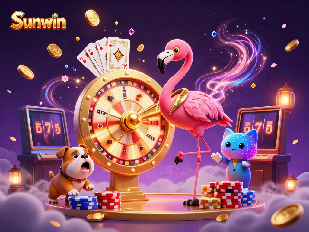 Engaging scene showcasing Sunwin with a flamingo game show host spinning a prize wheel surrounded by casino elements.
