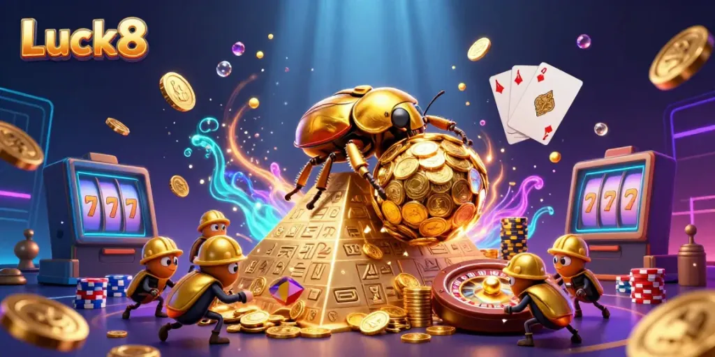 Unleash your luck at Luck8 with a dazzling golden casino scene featuring beetles, coins, and games.