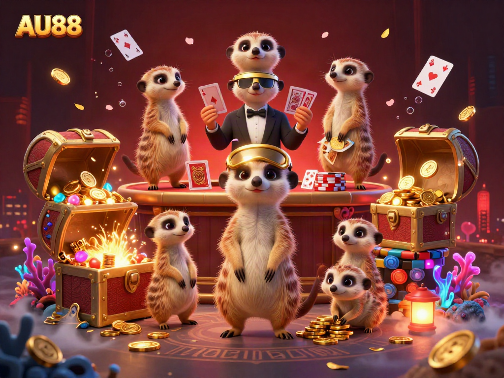 Enjoy thrilling gameplay at AU88 in a vibrant 3D casino scene featuring energetic meerkats.