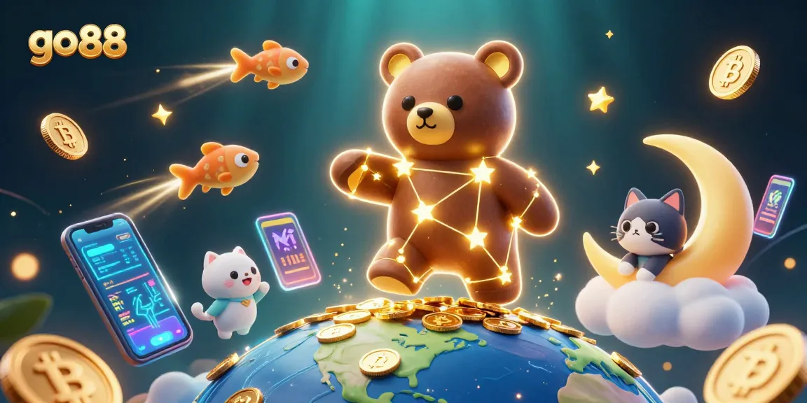 Experience excitement at go 88 with dazzling golden coins and 3D characters in a vibrant casino scene.