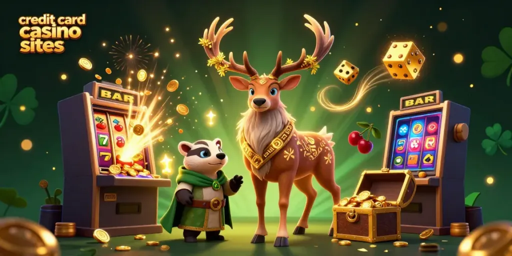 Experience excitement at credit card casino sites with vibrant 3D characters and a slot machine explosion.