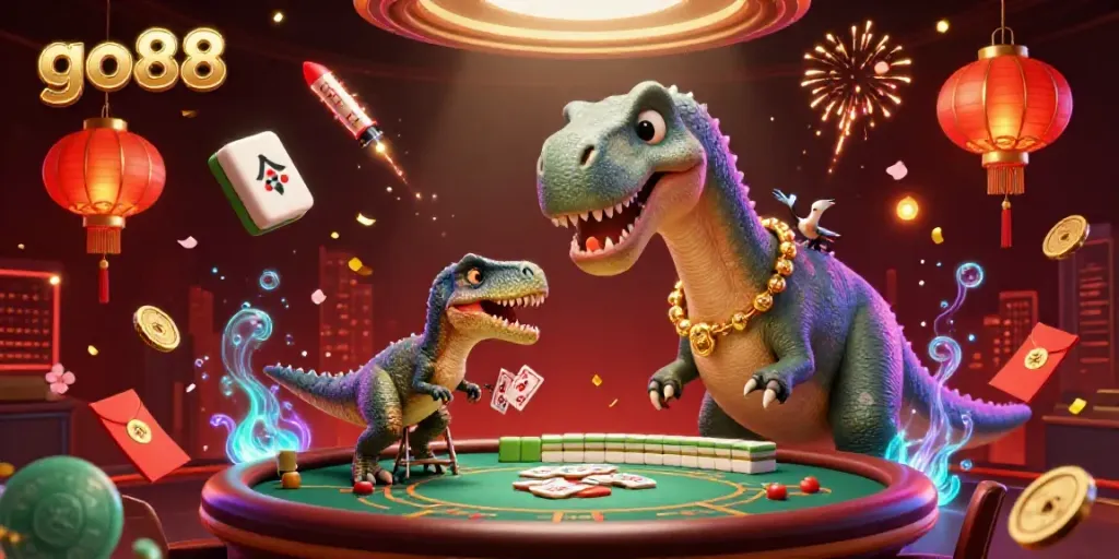 Join the excitement at go88 with a 3D brontosaurus towering in a vibrant casino setting, juggling game elements.