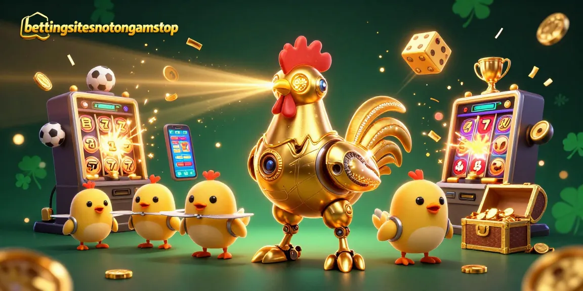 Engage with bettingsitesnotongamstop in an exciting 3D casino scene featuring a golden rooster robot and baby chick drones amidst football-themed slot machines.