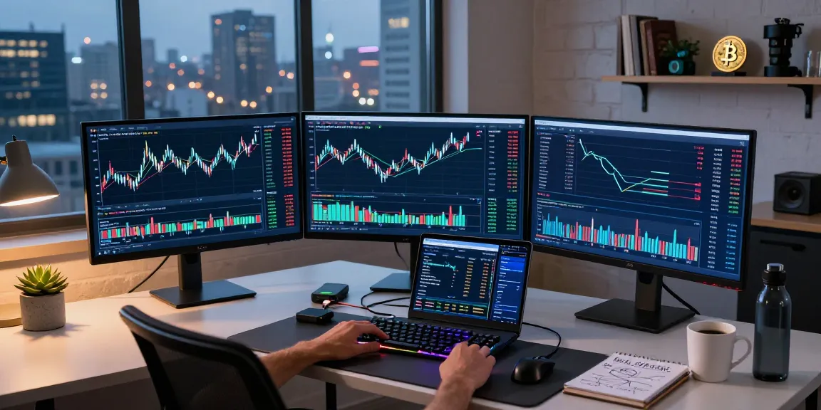 تحقيق بتكوين: مكتب حديث للتداول في العملات الرقمية مع شاشات تعرض بيانات السوق وأدوات تحليل العملات