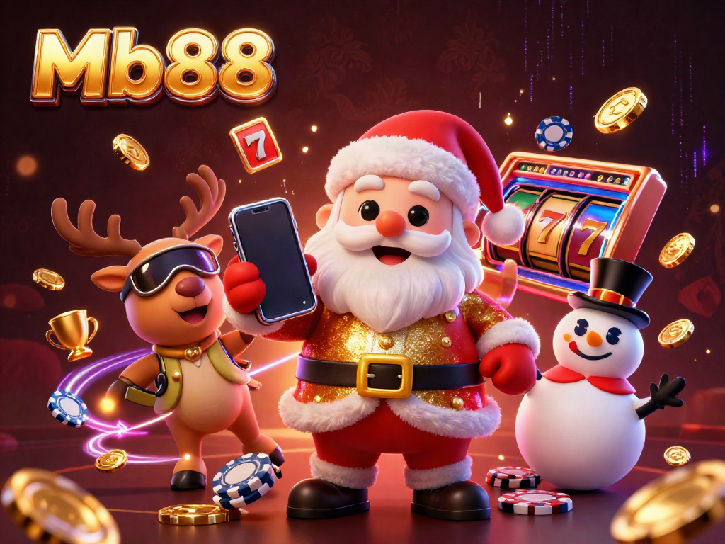 Spin the reels of excitement at Mb88 with festive characters in a vibrant casino setting.