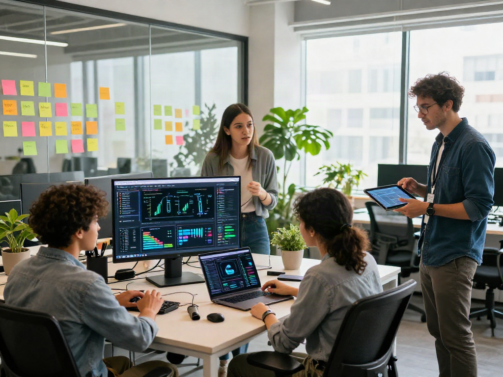 Collaborative team developing innovative nsfw AI solutions in a modern office space with vibrant technology and dynamic workspace.