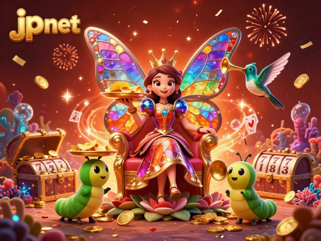 Engage in thrilling gameplay at jp net with a vibrant casino scene featuring a butterfly queen and colorful elements.