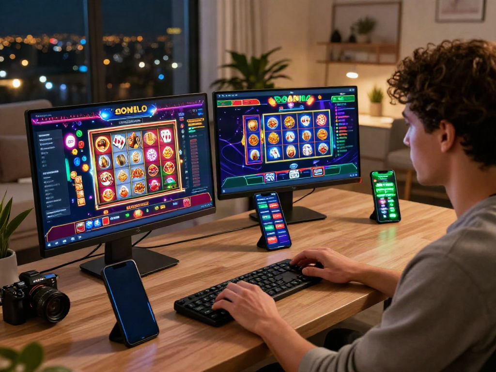 Dynamic online gaming experience at https://gem88.jpn.com/ with a user engaged on multiple devices in a vibrant casino setting.